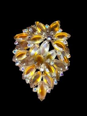 Vintage Mid-Century Tiered Amber Molded Art Glass & AB Rhinestone Brooch